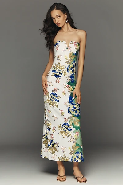 By Anthropologie Strapless Linen Plunge-Neck Midi Dress