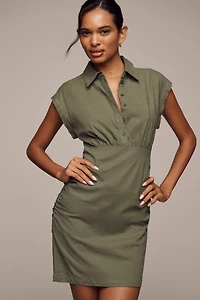 By Anthropologie Cap-Sleeve Collared Linen Ruched Mini Dress