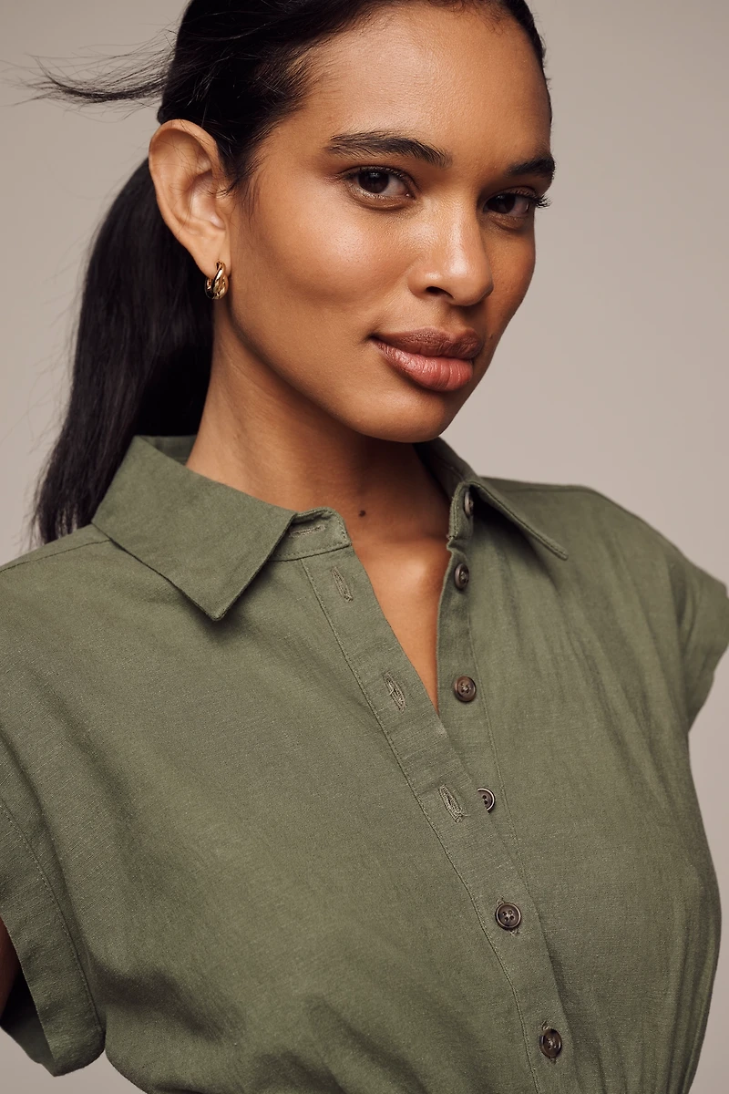 By Anthropologie Cap-Sleeve Collared Linen Ruched Mini Dress
