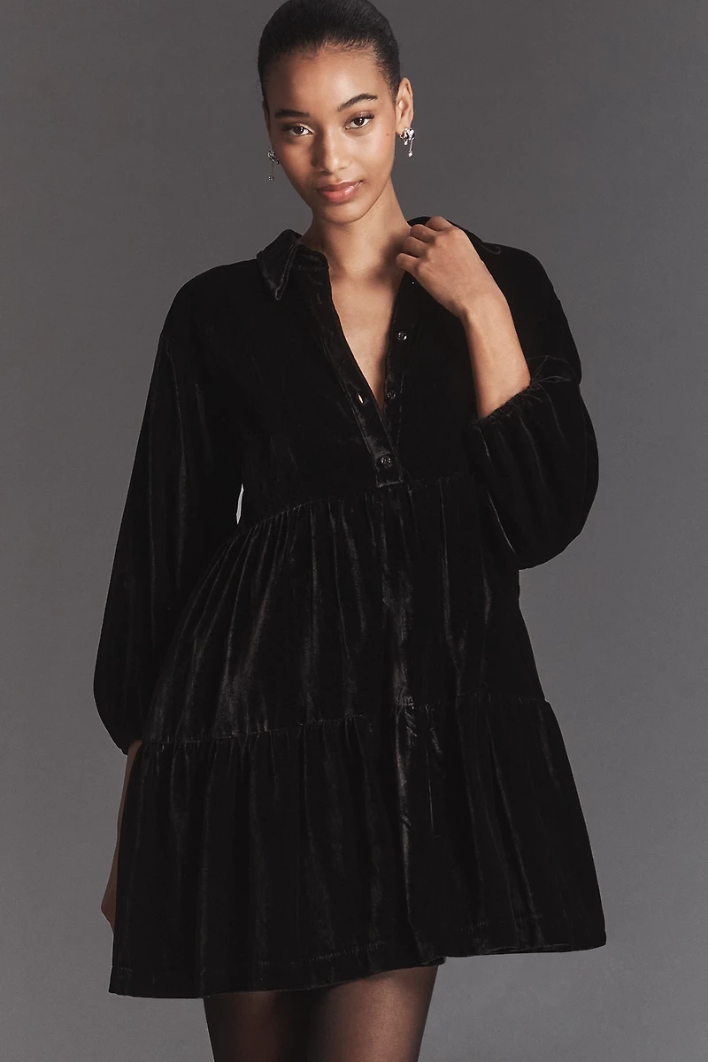 The Bettina Velvet Tiered Mini Shirt Dress by Maeve