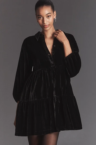 The Bettina Velvet Tiered Mini Shirt Dress by Maeve