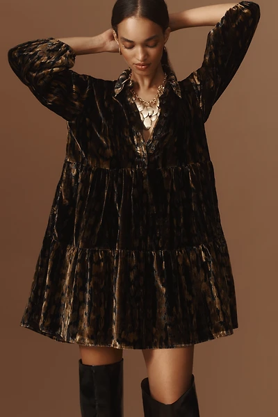 The Bettina Velvet Tiered Mini Shirt Dress by Maeve