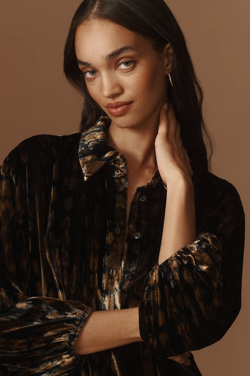 The Bettina Velvet Tiered Mini Shirt Dress by Maeve