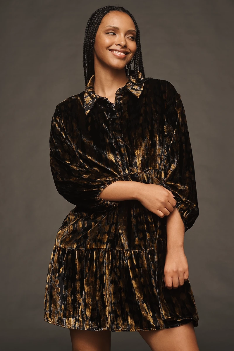The Bettina Velvet Tiered Mini Shirt Dress by Maeve