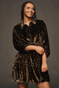 The Bettina Velvet Tiered Mini Shirt Dress by Maeve