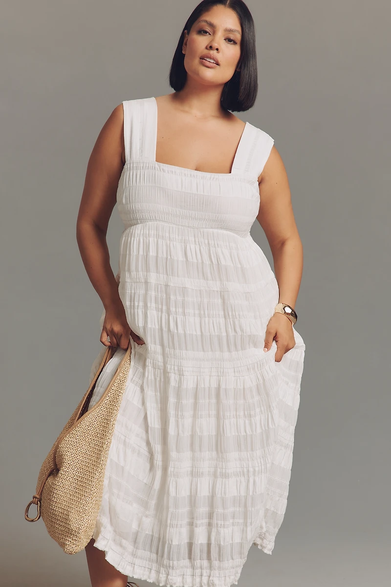 Helena Square-Neck Smocked Tiered Midi Dress