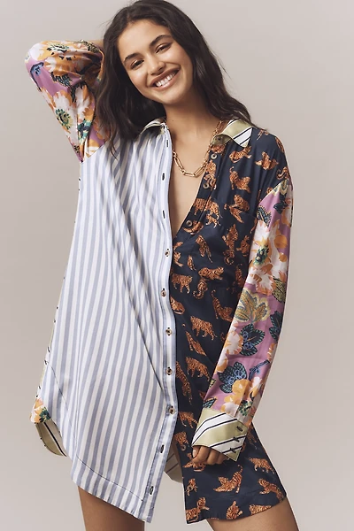 The Soren Mixed-Print Mini Shirt Dress by Maeve