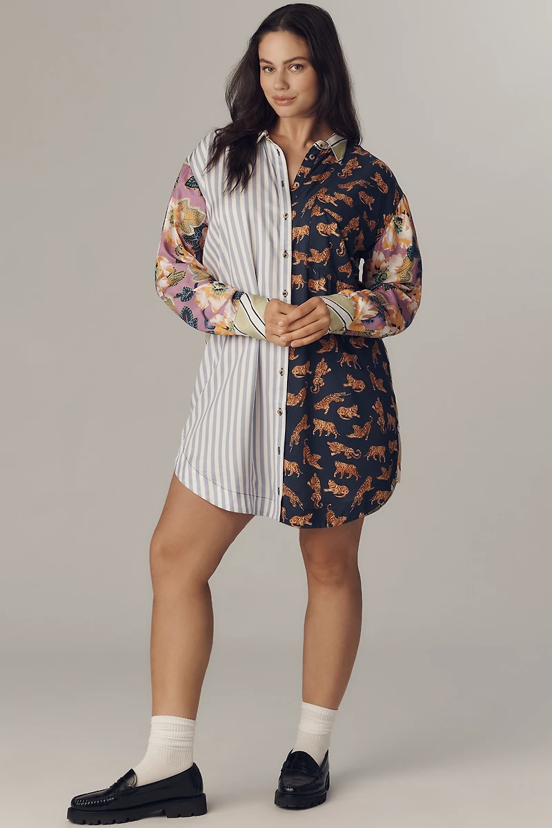 The Soren Mixed-Print Mini Shirt Dress by Maeve