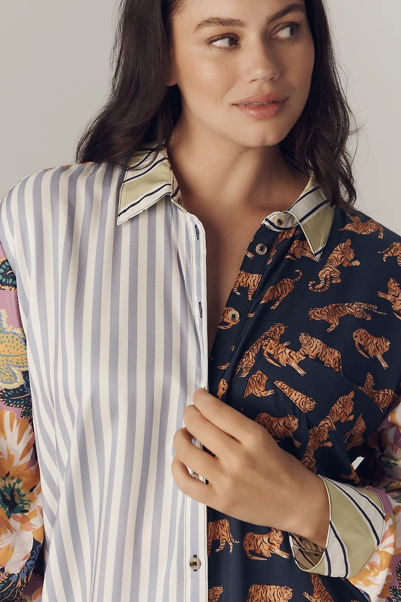 The Soren Mixed-Print Mini Shirt Dress by Maeve