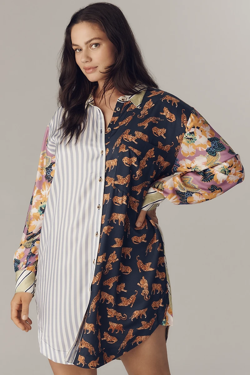 The Soren Mixed-Print Mini Shirt Dress by Maeve