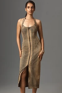Pilcro Front-Zip Halter Denim Midi Dress