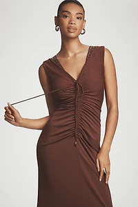 Maeve Sleeveless V-Neck Studded Ruched Midi Dress