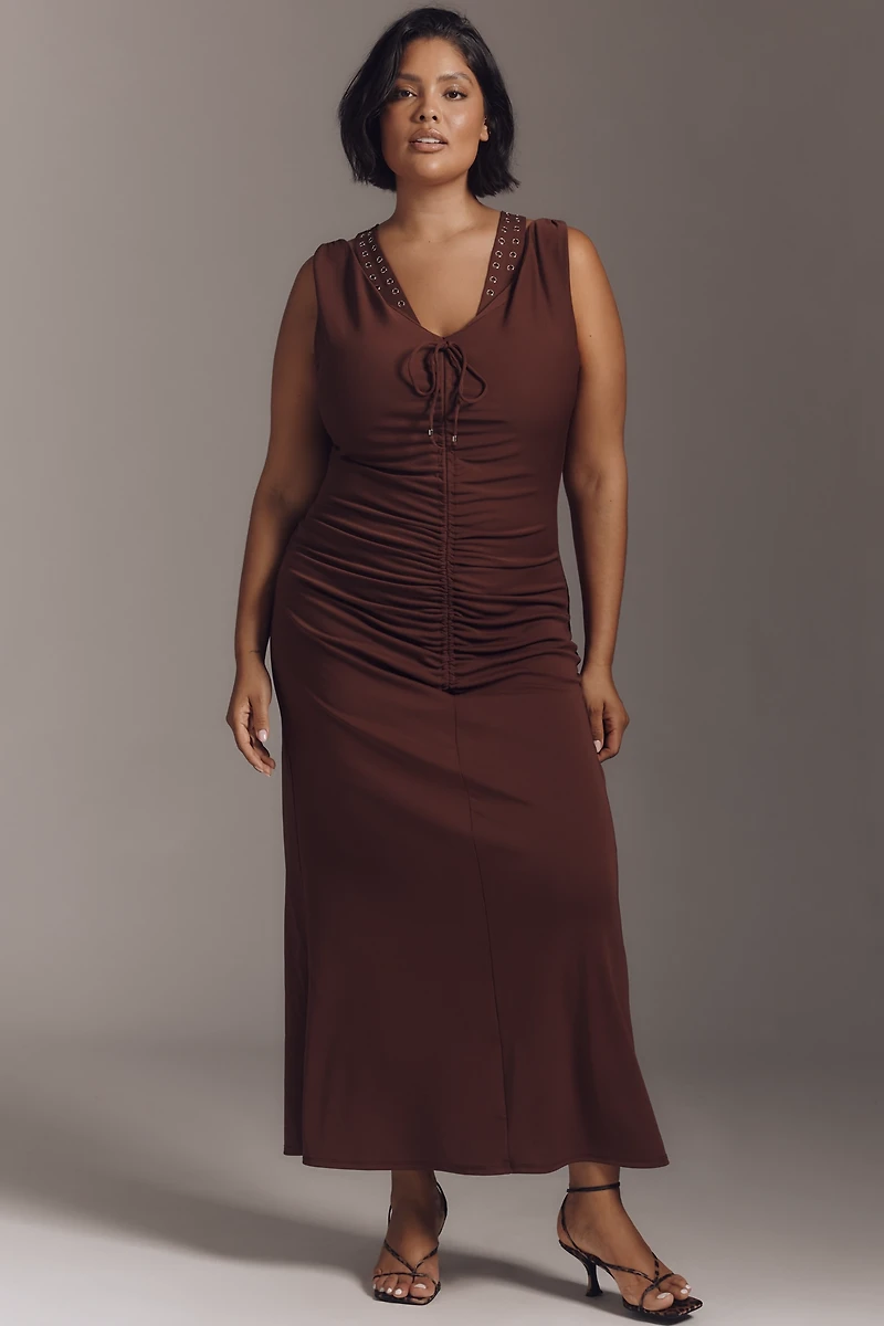 Maeve Sleeveless V-Neck Studded Ruched Midi Dress