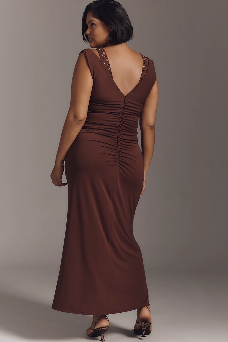 Maeve Sleeveless V-Neck Studded Ruched Midi Dress