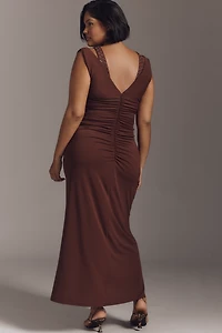 Maeve Sleeveless V-Neck Studded Ruched Midi Dress