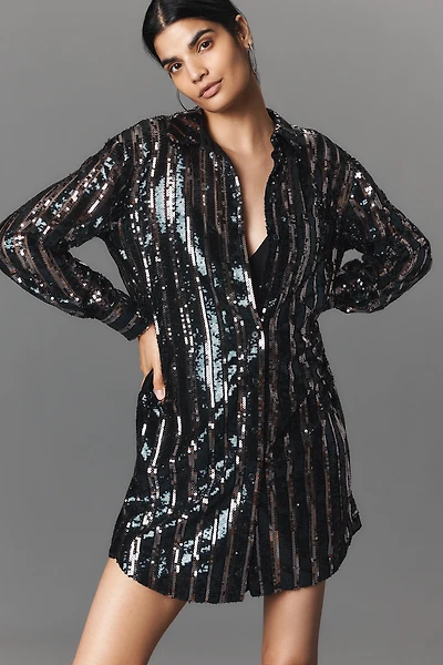 The Soren Sequin Mini Shirt Dress by Maeve