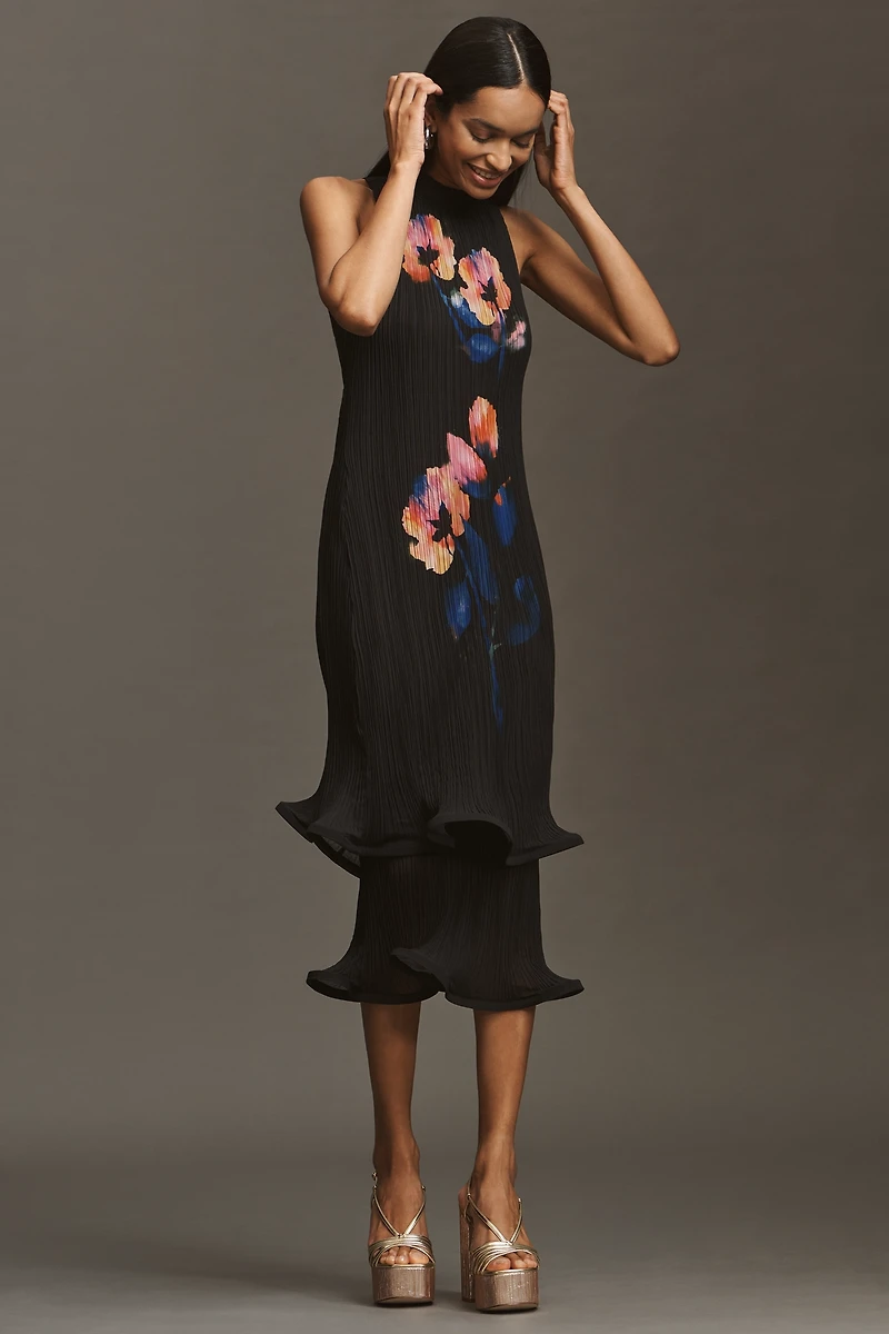 By Anthropologie Sleeveless Mock-Neck Plissé Midi Dress