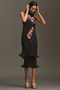 By Anthropologie Sleeveless Mock-Neck Plissé Midi Dress