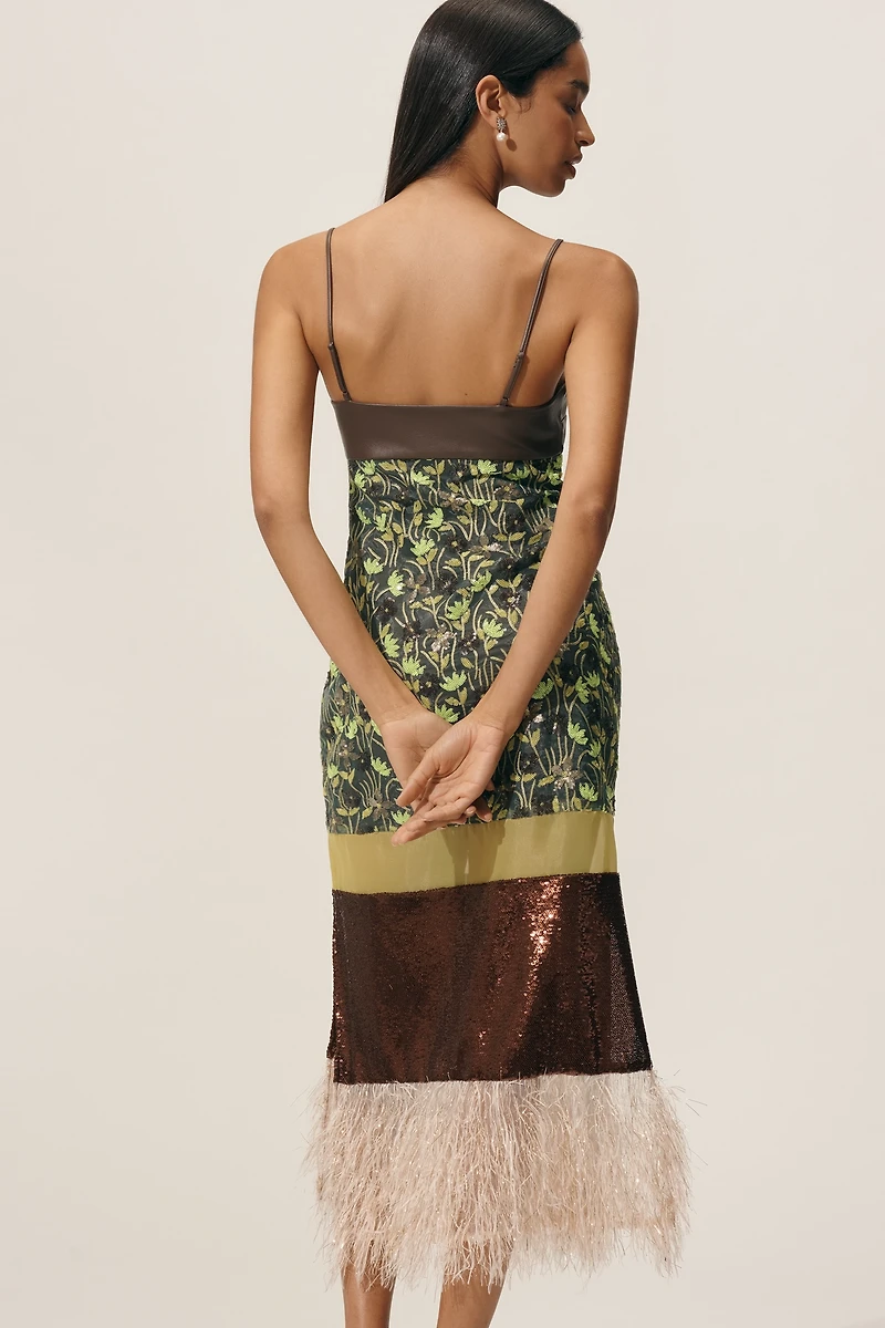 By Anthropologie Mixed Floral Faux-Feather Midi Dress