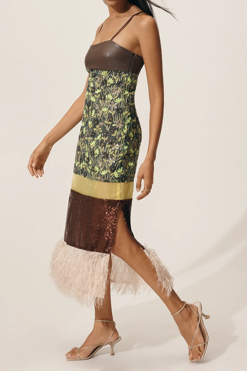 By Anthropologie Mixed Floral Faux-Feather Midi Dress