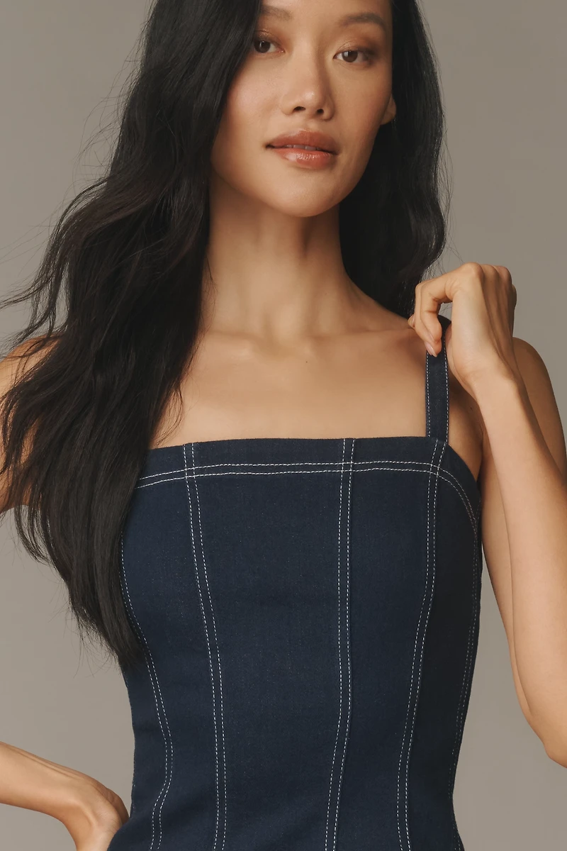 Pilcro Square-Neck Seamed Denim Midi Dress