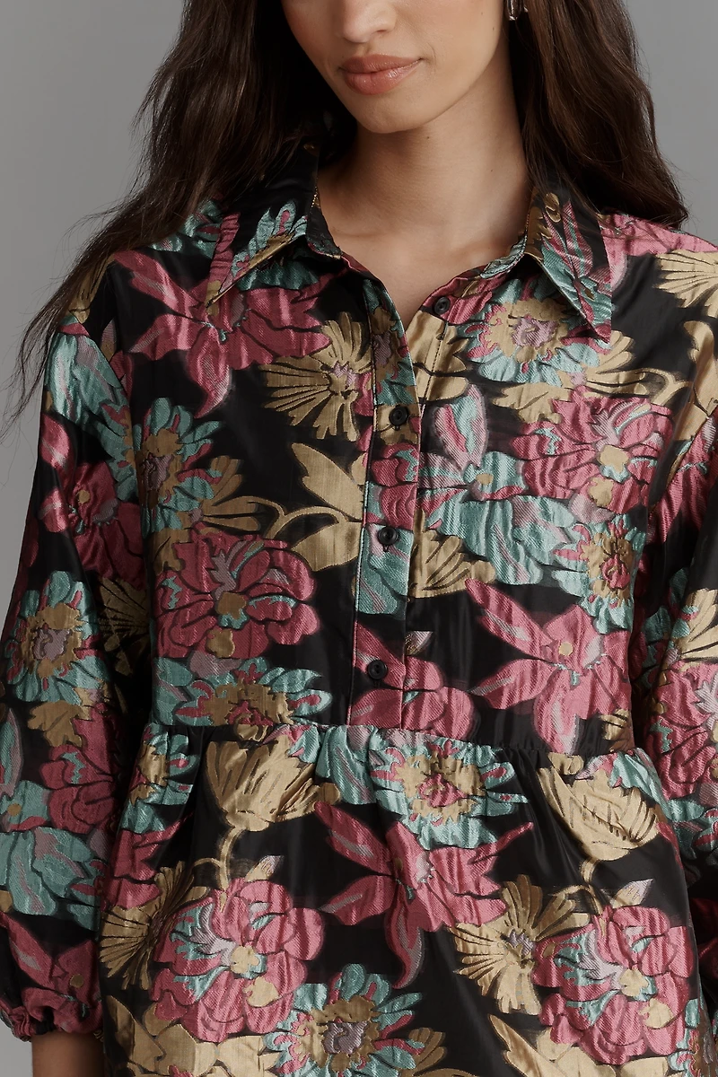 The Bettina Tiered Jacquard Mini Shirt Dress by Maeve