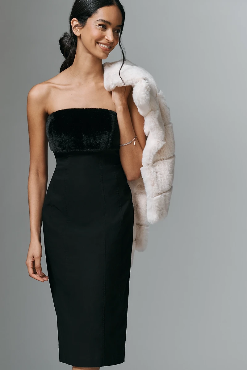 By Anthropologie Strapless Faux Fur Trim Slim Midi Dress