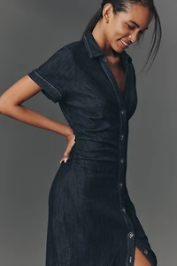 Pilcro Short-Sleeve Ruched Denim Midi Shirt Dress