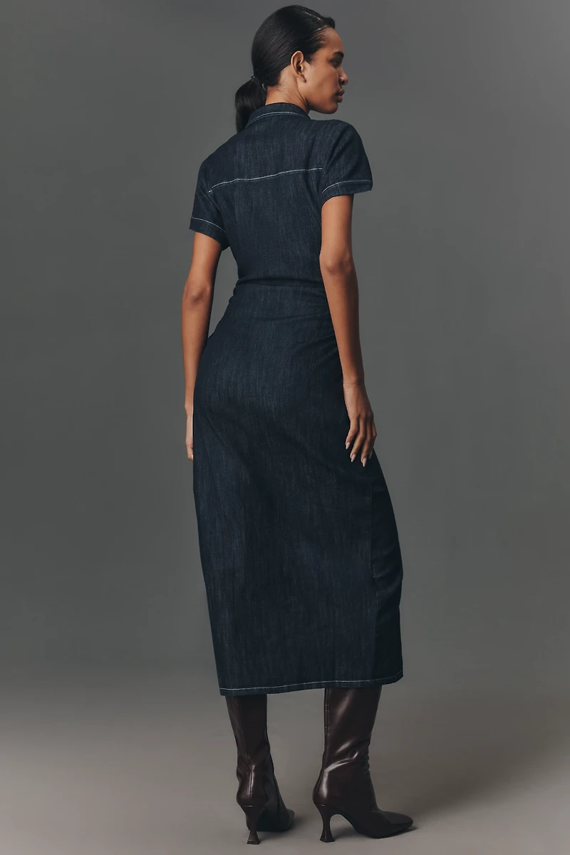 Pilcro Short-Sleeve Ruched Denim Midi Shirt Dress