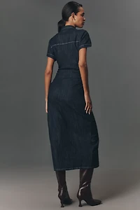 Pilcro Short-Sleeve Ruched Denim Midi Shirt Dress