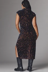 The Maya Ruched Cowl-Neck Sequin Mesh Dress