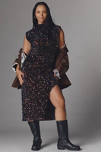 The Maya Ruched Cowl-Neck Sequin Mesh Dress