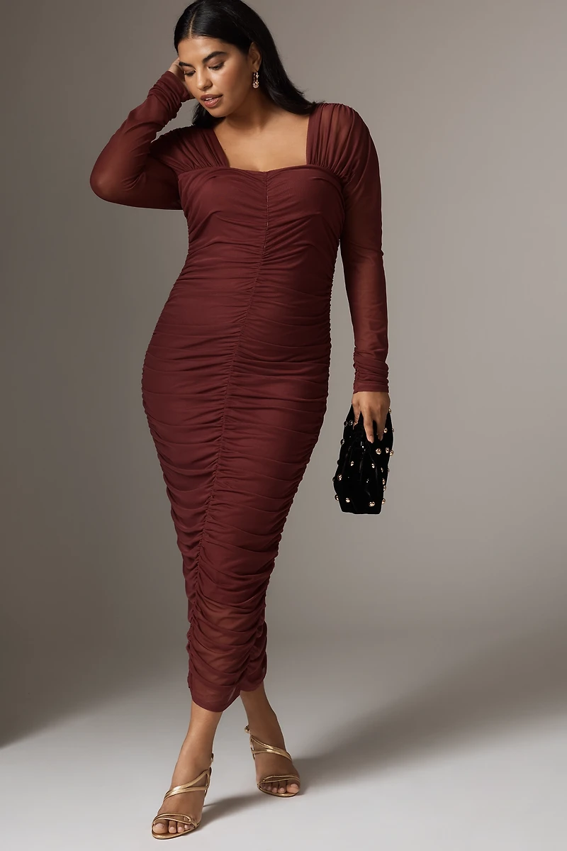 By Anthropologie Long-Sleeve Ruched Slim Midi Dress