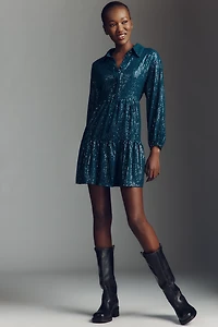 The Bettina Sequin Tiered Mini Shirt Dress by Maeve
