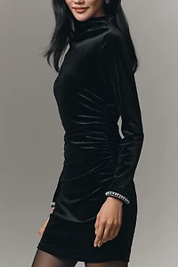 The Maya Ruched Cowl-Neck Shine Cuff Mesh Mini Dress