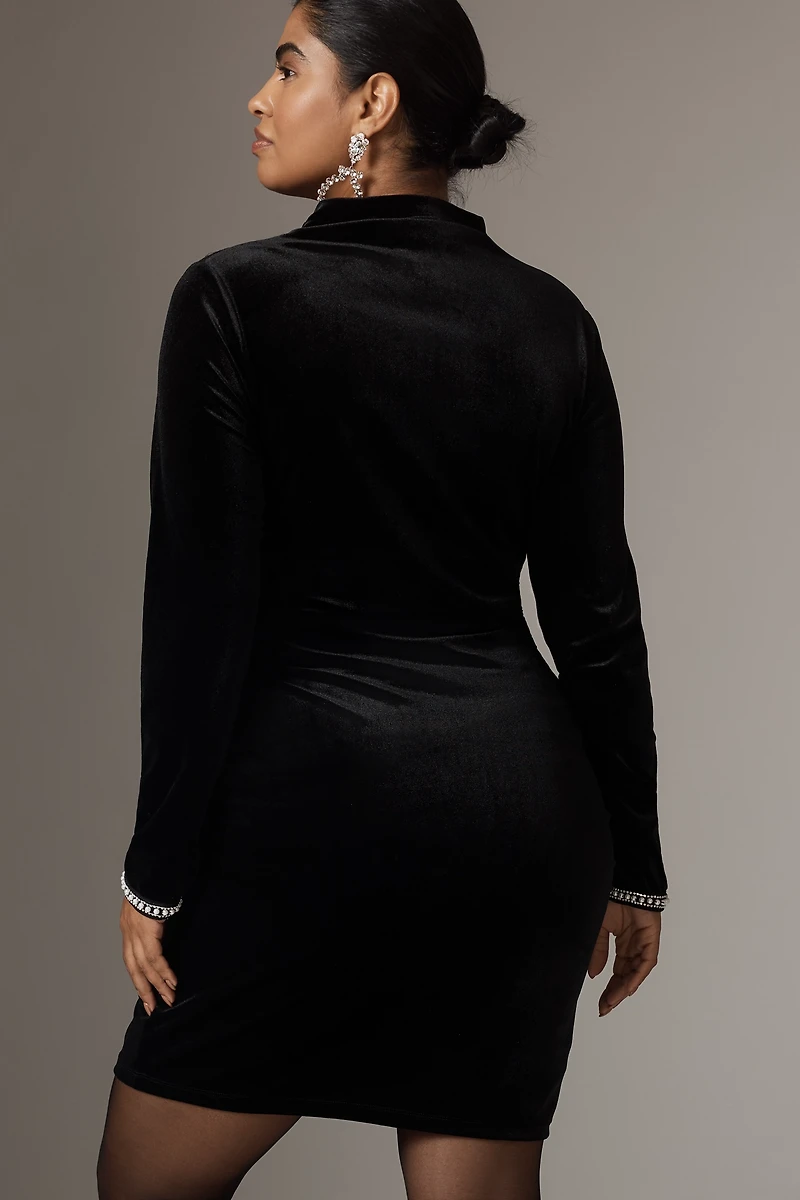 The Maya Ruched Cowl-Neck Shine Cuff Mesh Mini Dress