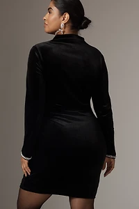 The Maya Ruched Cowl-Neck Shine Cuff Mesh Mini Dress