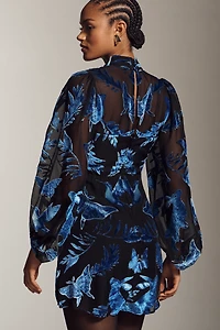 By Anthropologie Velvet Burnout High-Neck Long-Sleeve Mini Dress