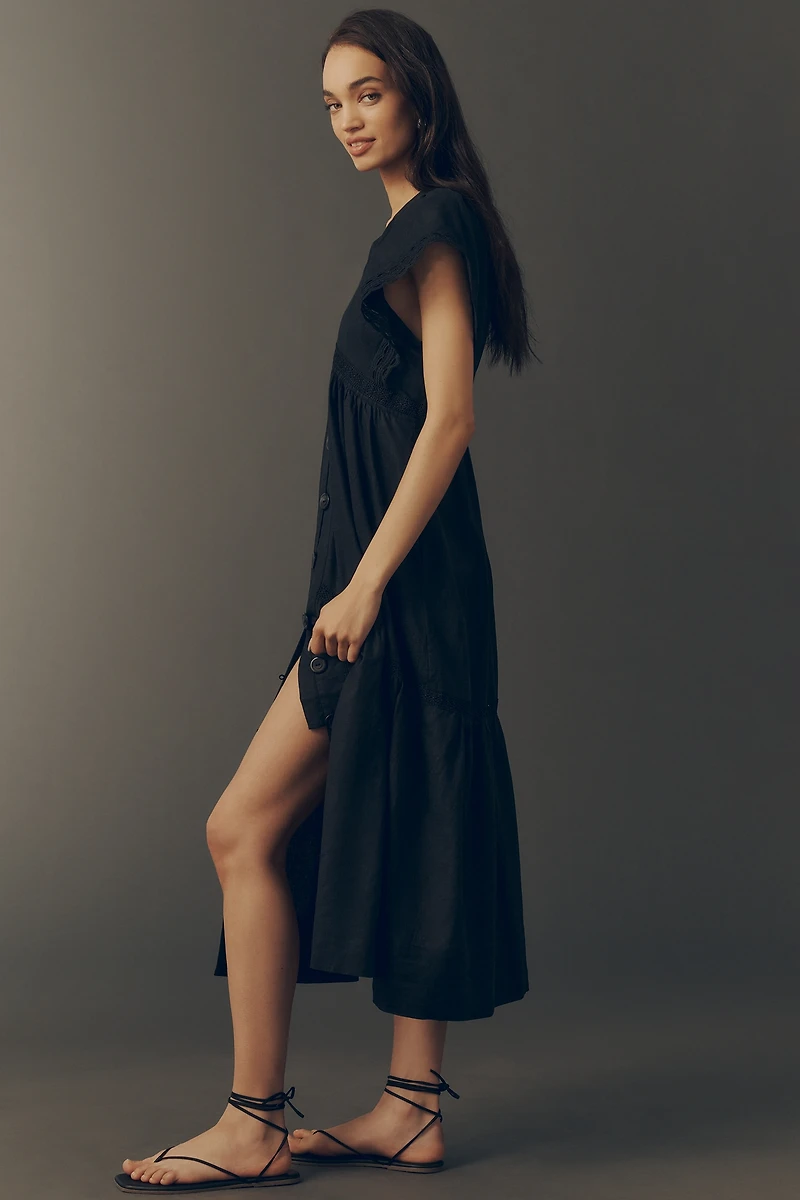 The Reneé Flutter-Sleeve Linen Button-Front Midi Dress