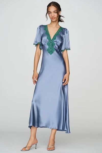 By Anthropologie 100% Silk Satin Lace-Trim Maxi Dress