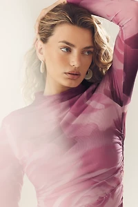The Maya Ruched Cowl-Neck Dress: Long-Sleeve Mesh Mini Edition