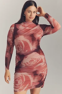 The Maya Long-Sleeve Ruched Cowl-Neck Mini Dress