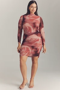 The Maya Long-Sleeve Ruched Cowl-Neck Mini Dress