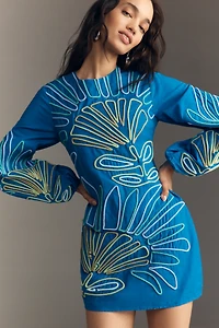 The Wolf Gang Luna Long-Sleeve Embroidered Linen Mini Dress