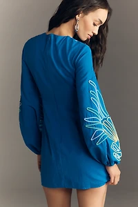 The Wolf Gang Luna Long-Sleeve Embroidered Linen Mini Dress