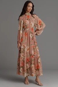 The Somerset Long-Sleeve Mock-Neck Chiffon Maxi Dress