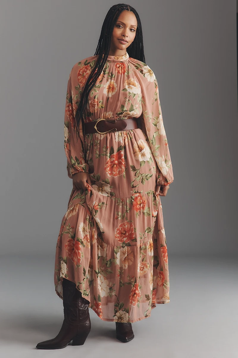 The Somerset Long-Sleeve Mock-Neck Chiffon Maxi Dress