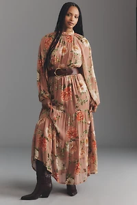 The Somerset Long-Sleeve Mock-Neck Chiffon Maxi Dress