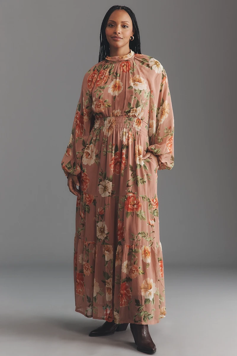 The Somerset Long-Sleeve Mock-Neck Chiffon Maxi Dress