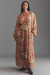 The Somerset Long-Sleeve Mock-Neck Chiffon Maxi Dress